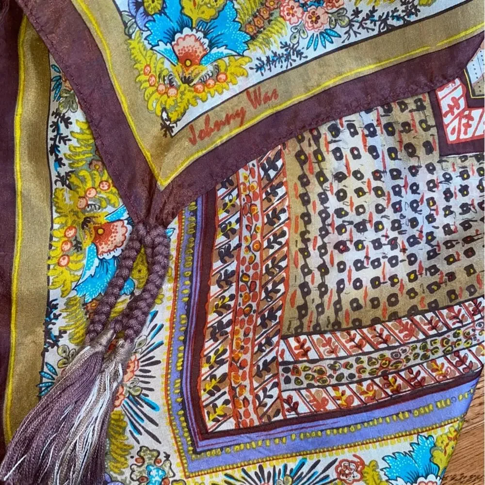 Johnny Was $110 Silk Boho Brown Gold Turquoise Block Print Tassel Scarf EUC